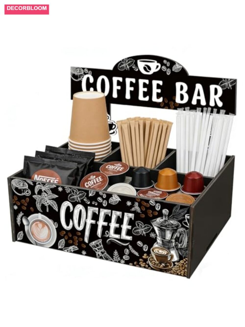 Wooden Coffee Bar Organizer 4 Compartment Storage Box Countertop Tray